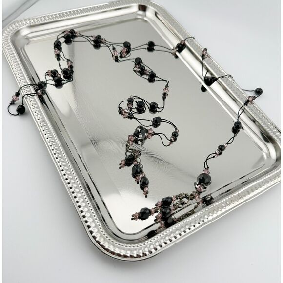 Vintage Lariat Necklace Black Pink Beads Glam Sparkle Boho Goth Luxury Versatile - Picture 7 of 7